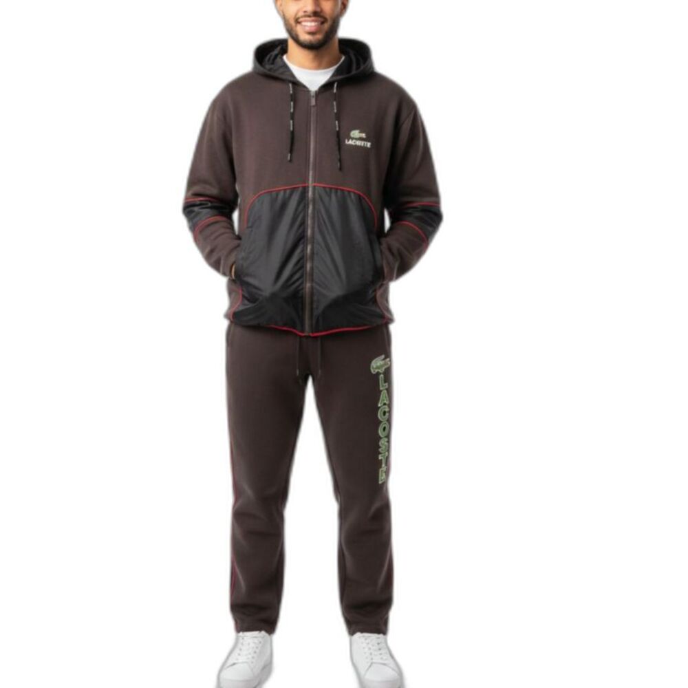 VTG Lacoste Men's Brown Black Red 2 Piece Logo Sweatshirt Jogger Set Size 3XL
